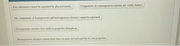 Classify the phrases pertaining to pure substances and mixtures