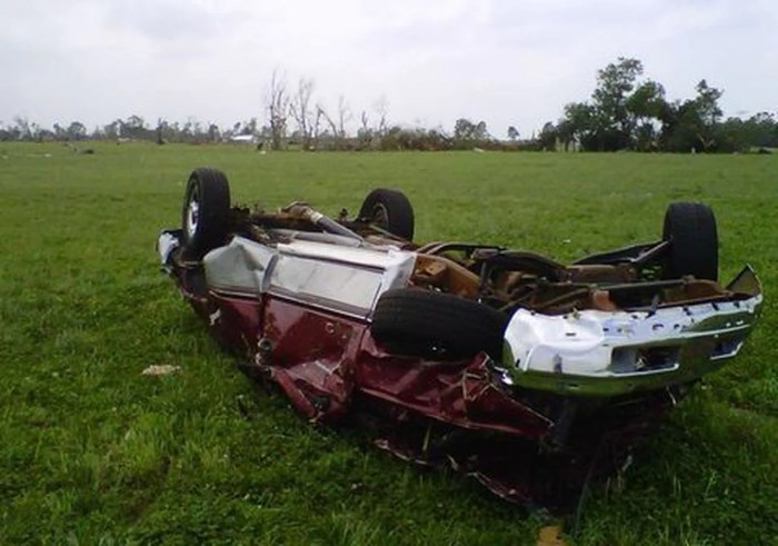 A patient is thrown against a car during a tornado